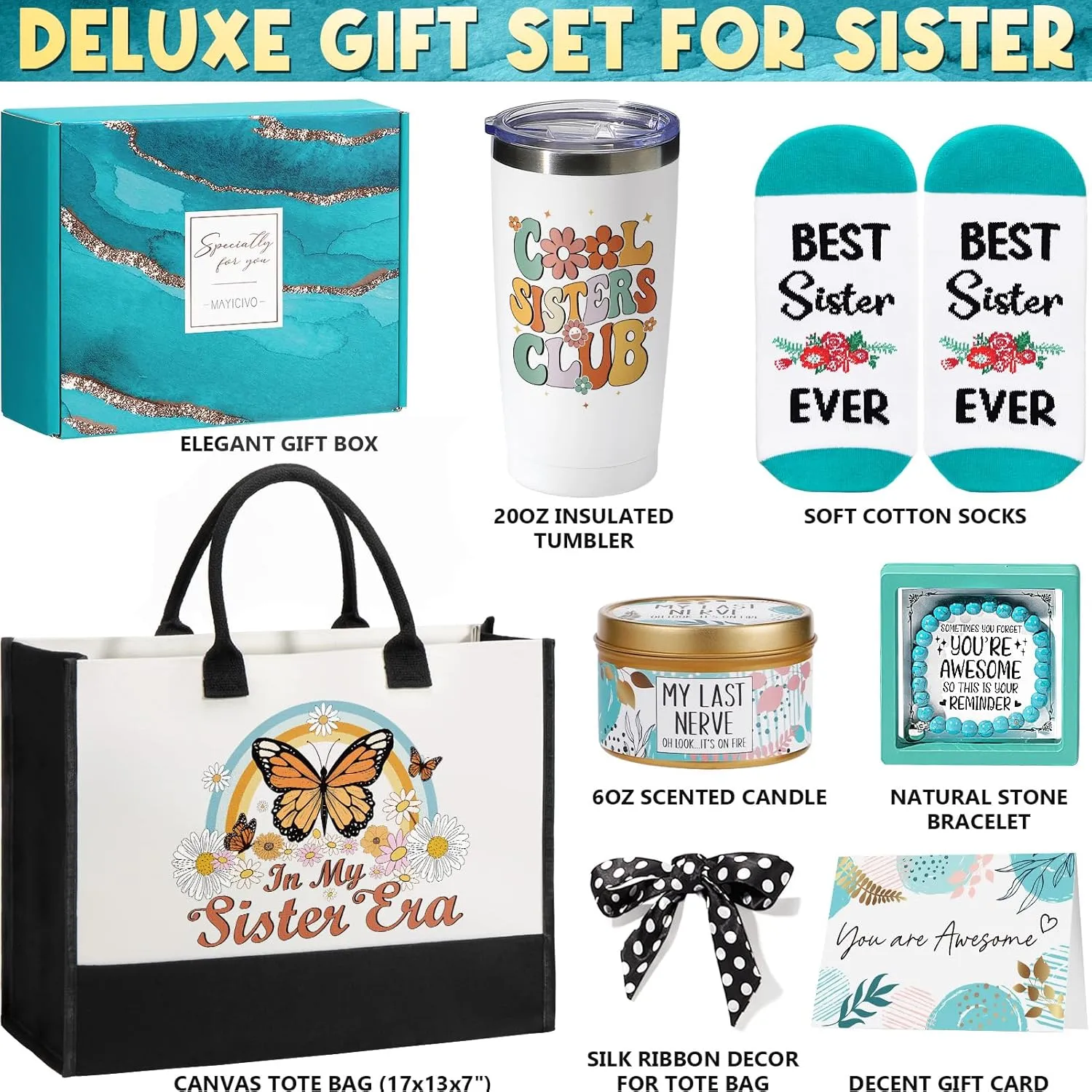 Sisters Gifts from Sister, Mothers Day Gifts for Sister from Brother, Best Sister Birthday Gifts for Sister in Law Soul Sister, Funny Sister Gifts Unique Sister Gift Basket w/Retro Canvas Tote Bag