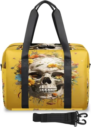 Skull Flower Newspaper Chamomile Womens Travel Bags, Weekender Carry on for Women, Sports Gym Bag, Workout Duffel bag, Overnight Shoulder Bag