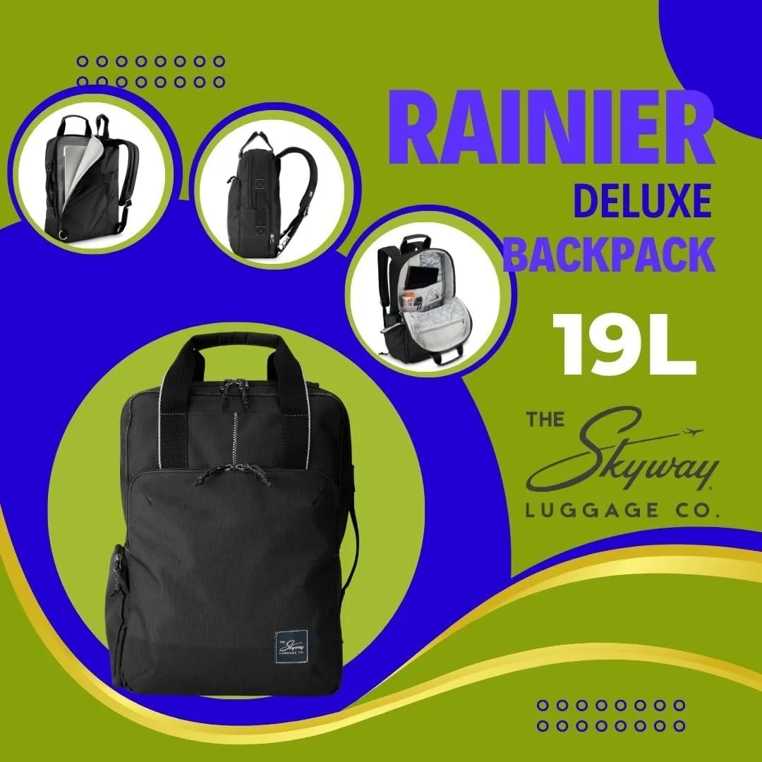Skyway Luggage Rainier Deluxe Backpack, Eco-Friendly, Made of 100% rPET Travel Laptop Bag for Women & Men, Flight Approved Carry On Backpack, 19L, Crater Black