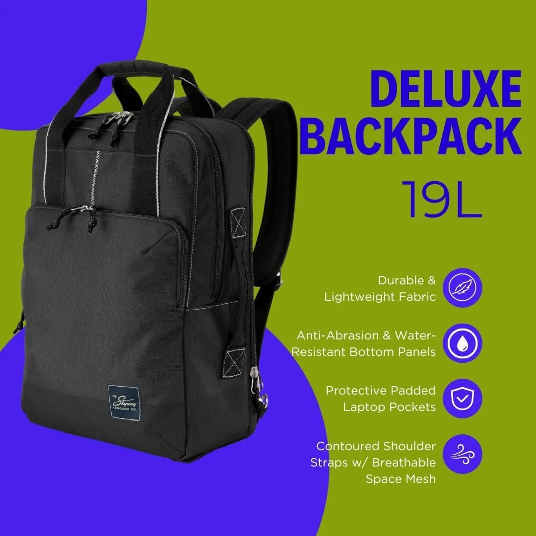 Skyway Luggage Rainier Deluxe Backpack, Eco-Friendly, Made of 100% rPET Travel Laptop Bag for Women & Men, Flight Approved Carry On Backpack, 19L, Crater Black