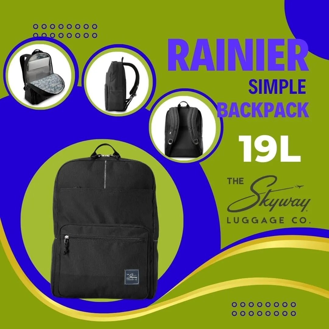 Skyway Luggage Rainier Simple Backpack, Eco-Friendly, Made of 100% rPET Travel Laptop Bag for Women & Men, Flight Approved Carry On Backpack, 19L, Crater Black