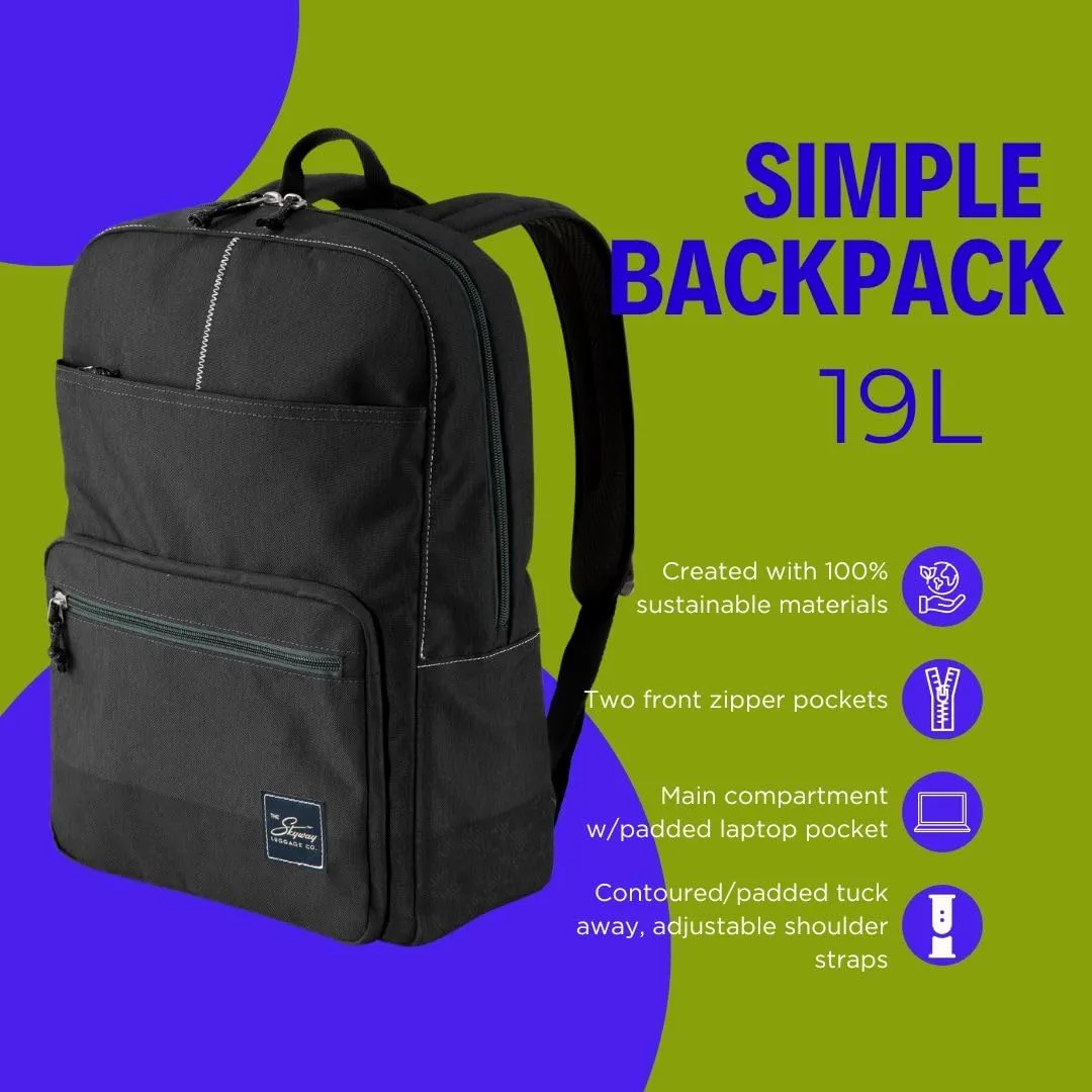 Skyway Luggage Rainier Simple Backpack, Eco-Friendly, Made of 100% rPET Travel Laptop Bag for Women & Men, Flight Approved Carry On Backpack, 19L, Crater Black