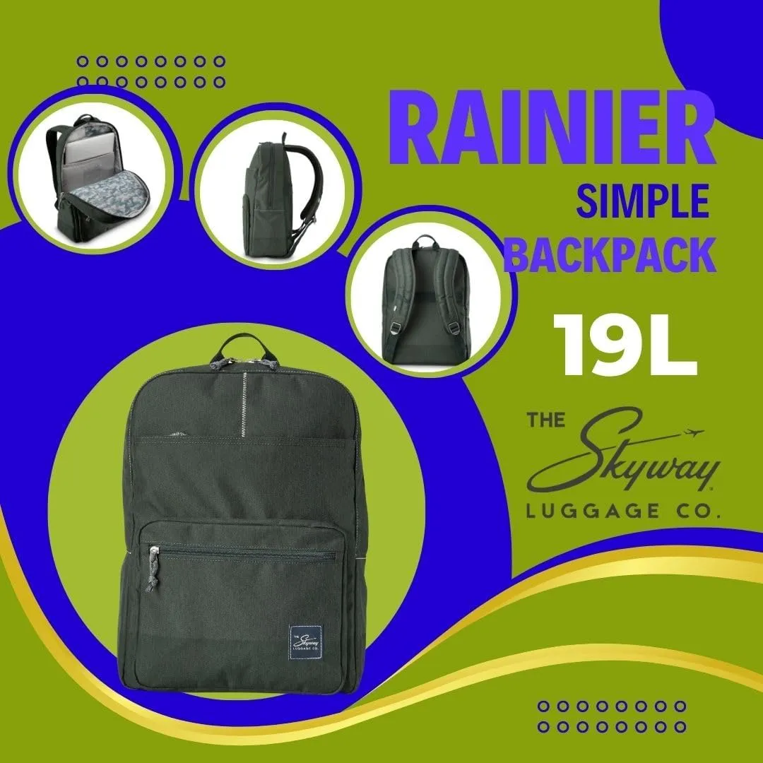 Skyway Luggage Rainier Simple Backpack, Eco-Friendly Made of 100% rPET Travel Laptop Bag for Women & Men, Flight Approved Carry On Bag, 19L, Olympic Green