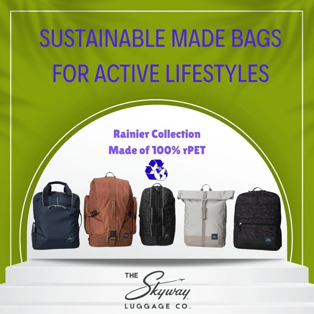 Skyway Luggage Rainier Simple Backpack, Eco-Friendly Made of 100% rPET Travel Laptop Bag for Women & Men, Flight Approved Carry On Bag, 19L, Olympic Green