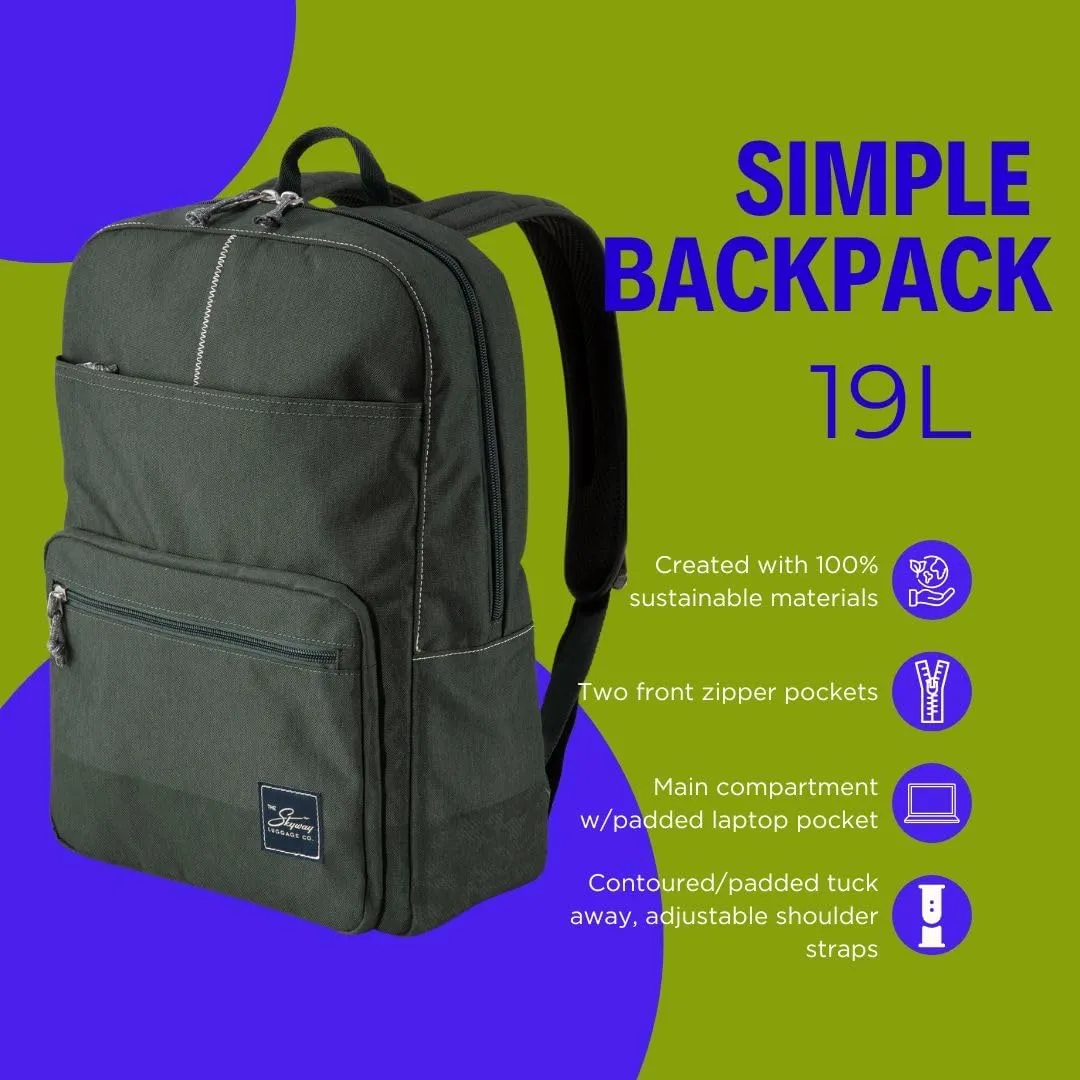 Skyway Luggage Rainier Simple Backpack, Eco-Friendly Made of 100% rPET Travel Laptop Bag for Women & Men, Flight Approved Carry On Bag, 19L, Olympic Green