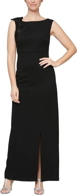 S.L. Fashions Women's Long Sleeveless Column Dress with Shoulder Detail and Front Slit (Petite and Regular Sizes)