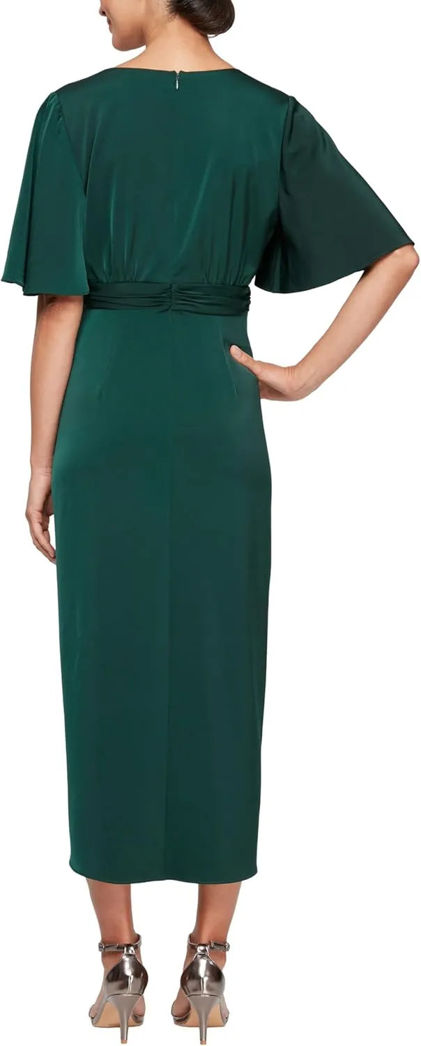 S.L. Fashions Women's Surplice Neck Midi Wedding Guest Dress with Flutter Sleeves (Petite & Regular Sizes)