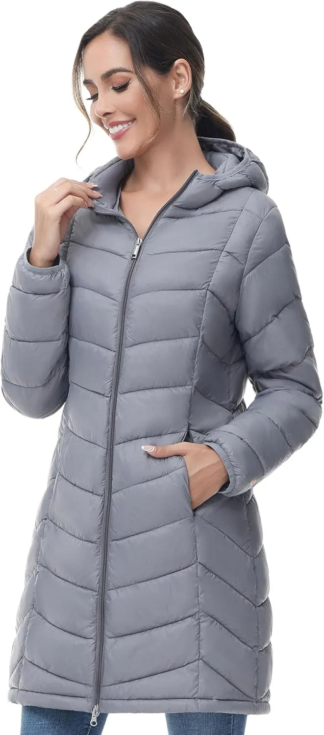 SLOW DOWN Women Lightweight Down Puffer Coat, Women Hooded Mid-Length Packable Winter Jacket with 2 Packing Bag