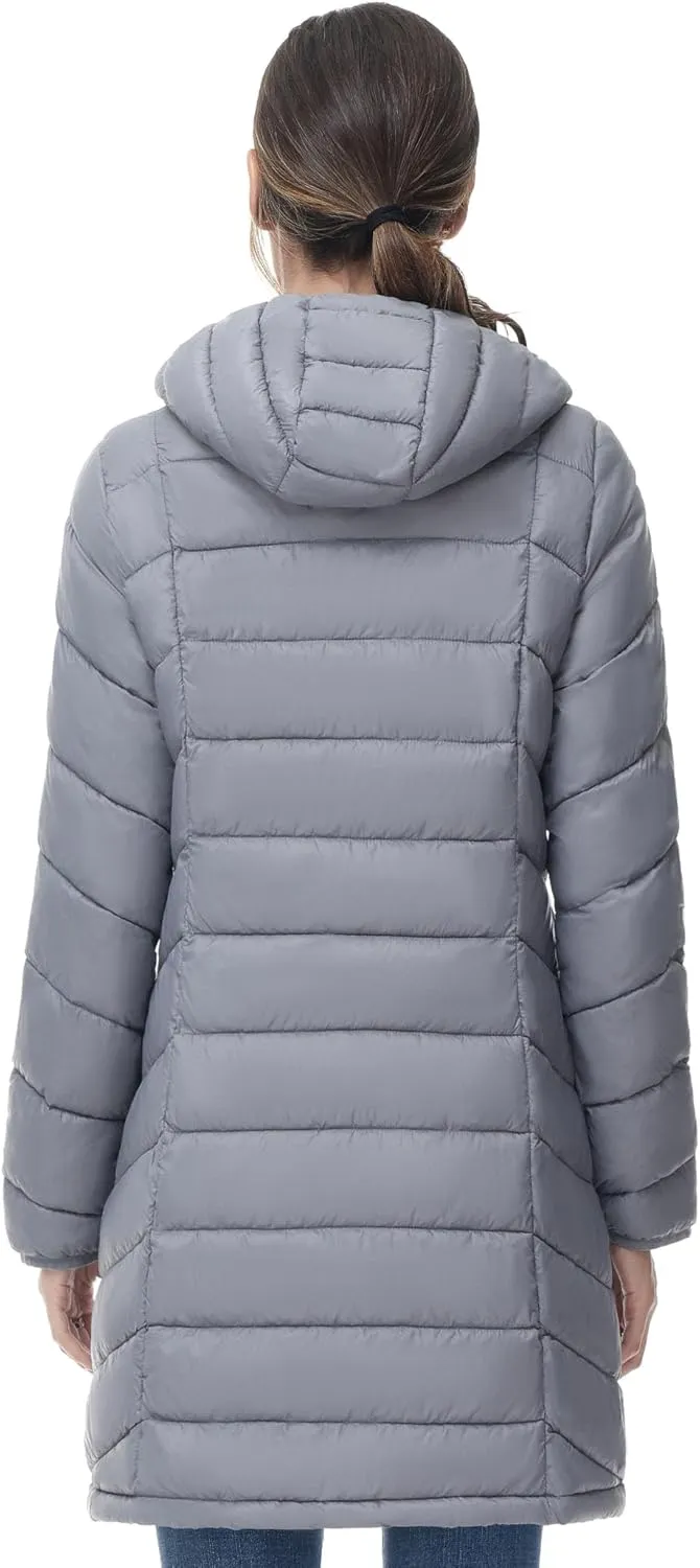 SLOW DOWN Women Lightweight Down Puffer Coat, Women Hooded Mid-Length Packable Winter Jacket with 2 Packing Bag