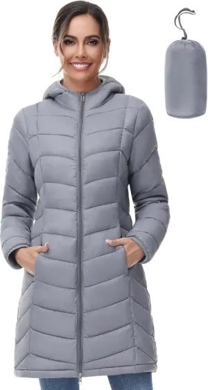 SLOW DOWN Women Lightweight Down Puffer Coat, Women Hooded Mid-Length Packable Winter Jacket with 2 Packing Bag