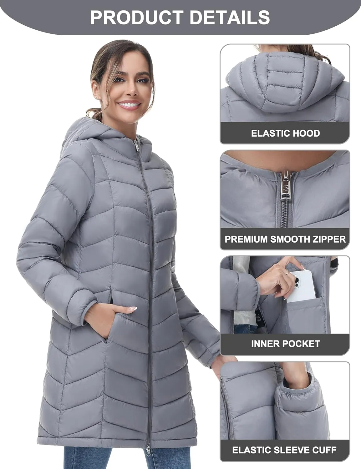 SLOW DOWN Women Lightweight Down Puffer Coat, Women Hooded Mid-Length Packable Winter Jacket with 2 Packing Bag