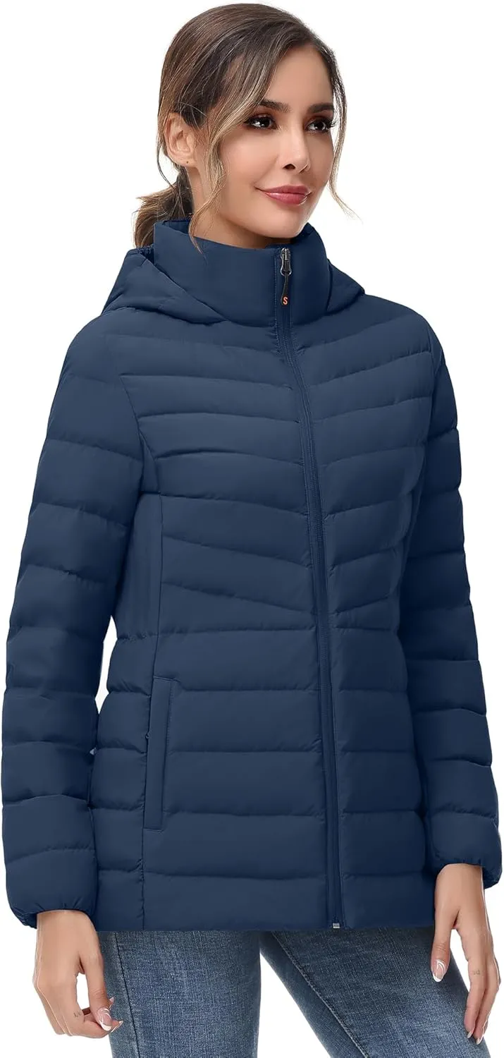 SLOW DOWN Women Winter Down Puffer Coat Warm Hooded Mid-Length Down Jacket for Women with Faux Fur Trim Hood and Pile Collar