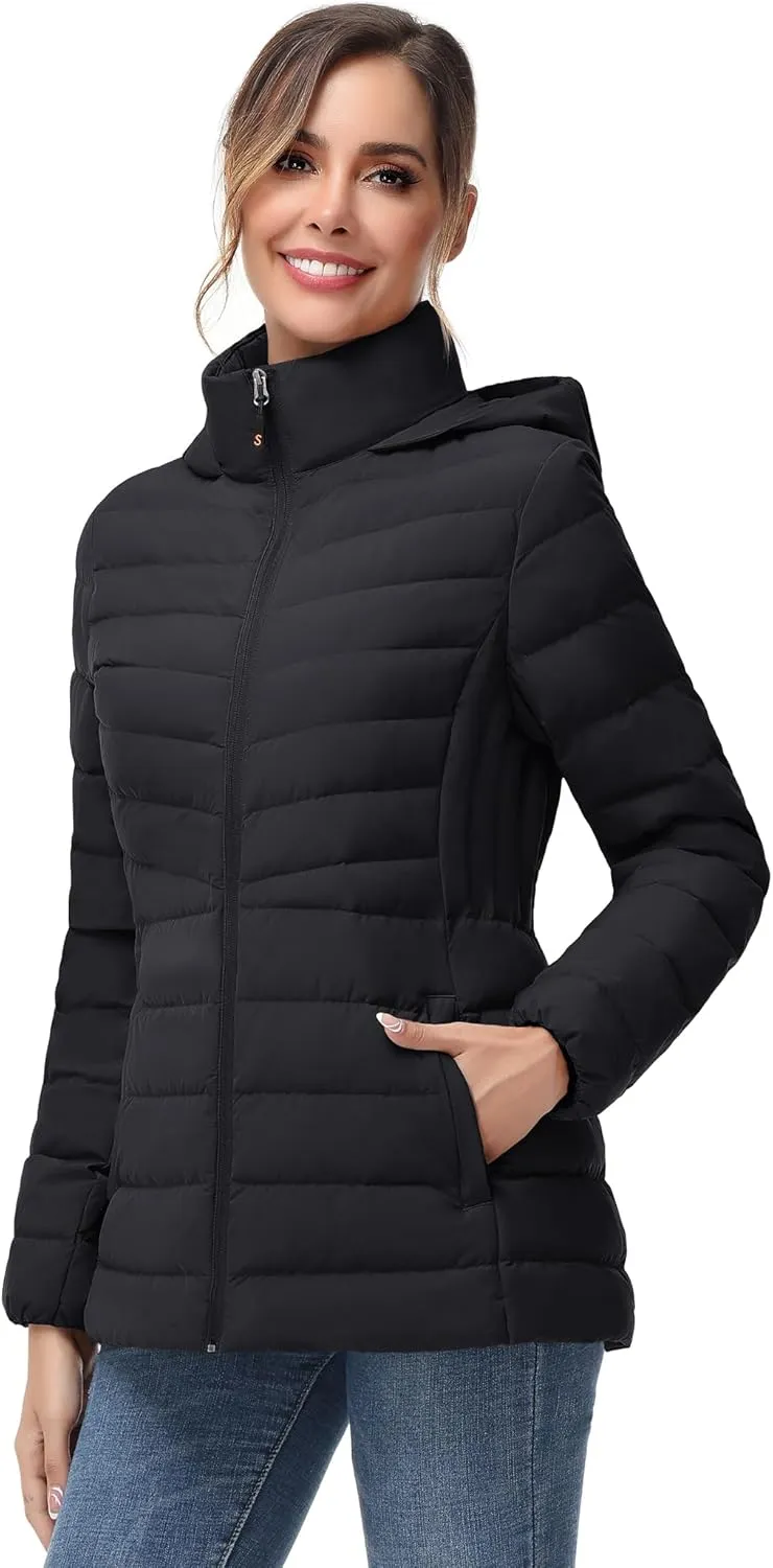 SLOW DOWN Women Winter Down Puffer Coat Warm Hooded Mid-Length Down Jacket for Women with Faux Fur Trim Hood and Pile Collar
