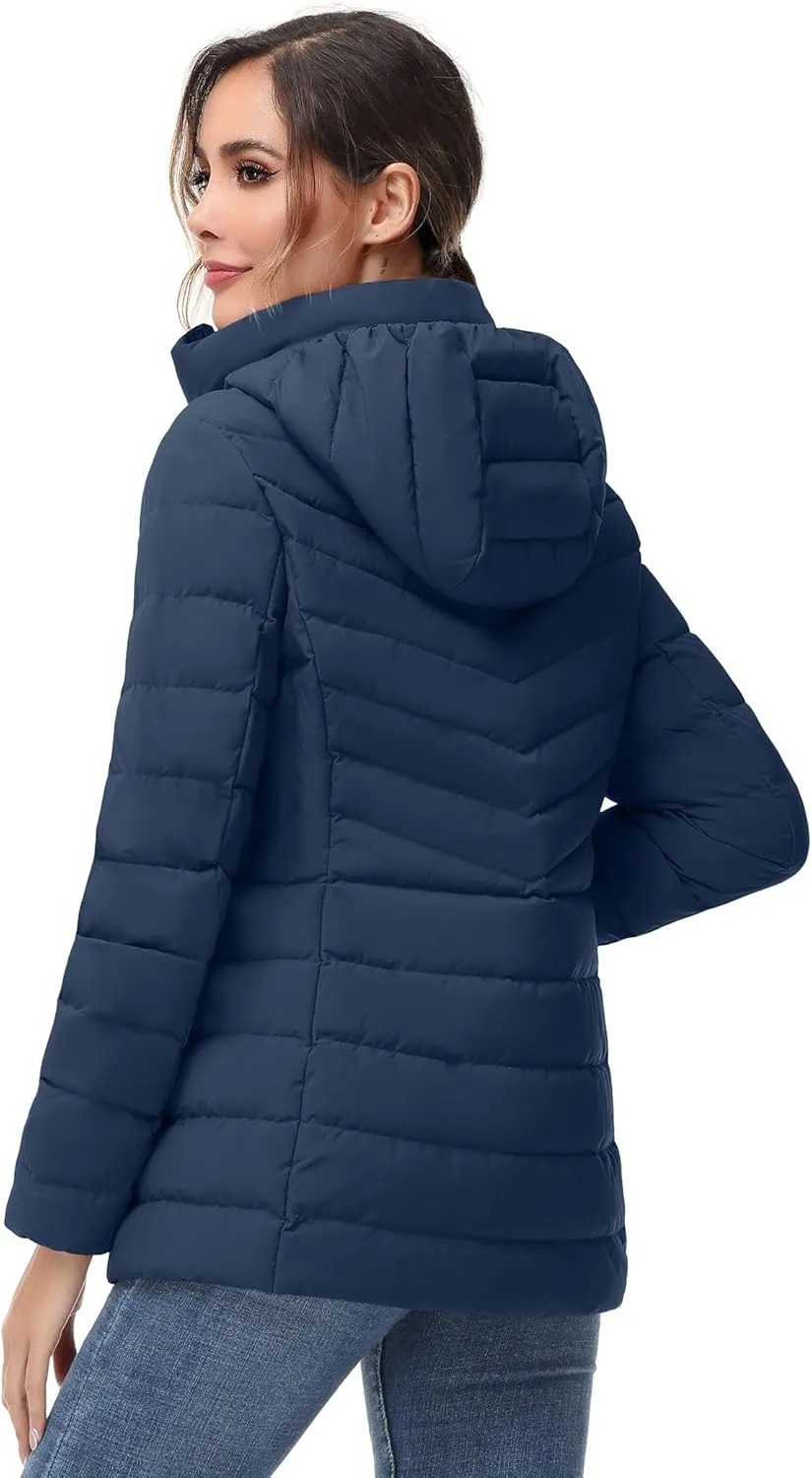 SLOW DOWN Women Winter Down Puffer Coat Warm Hooded Mid-Length Down Jacket for Women with Faux Fur Trim Hood and Pile Collar
