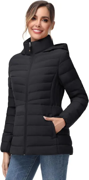 SLOW DOWN Women Winter Down Puffer Coat Warm Hooded Mid-Length Down Jacket for Women with Faux Fur Trim Hood and Pile Collar