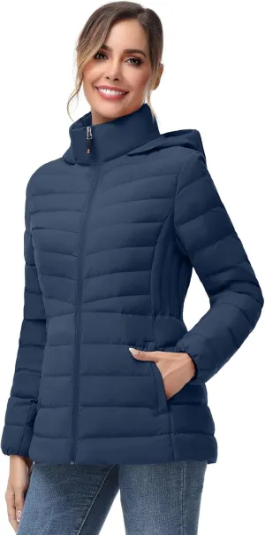 SLOW DOWN Women Winter Down Puffer Coat Warm Hooded Mid-Length Down Jacket for Women with Faux Fur Trim Hood and Pile Collar