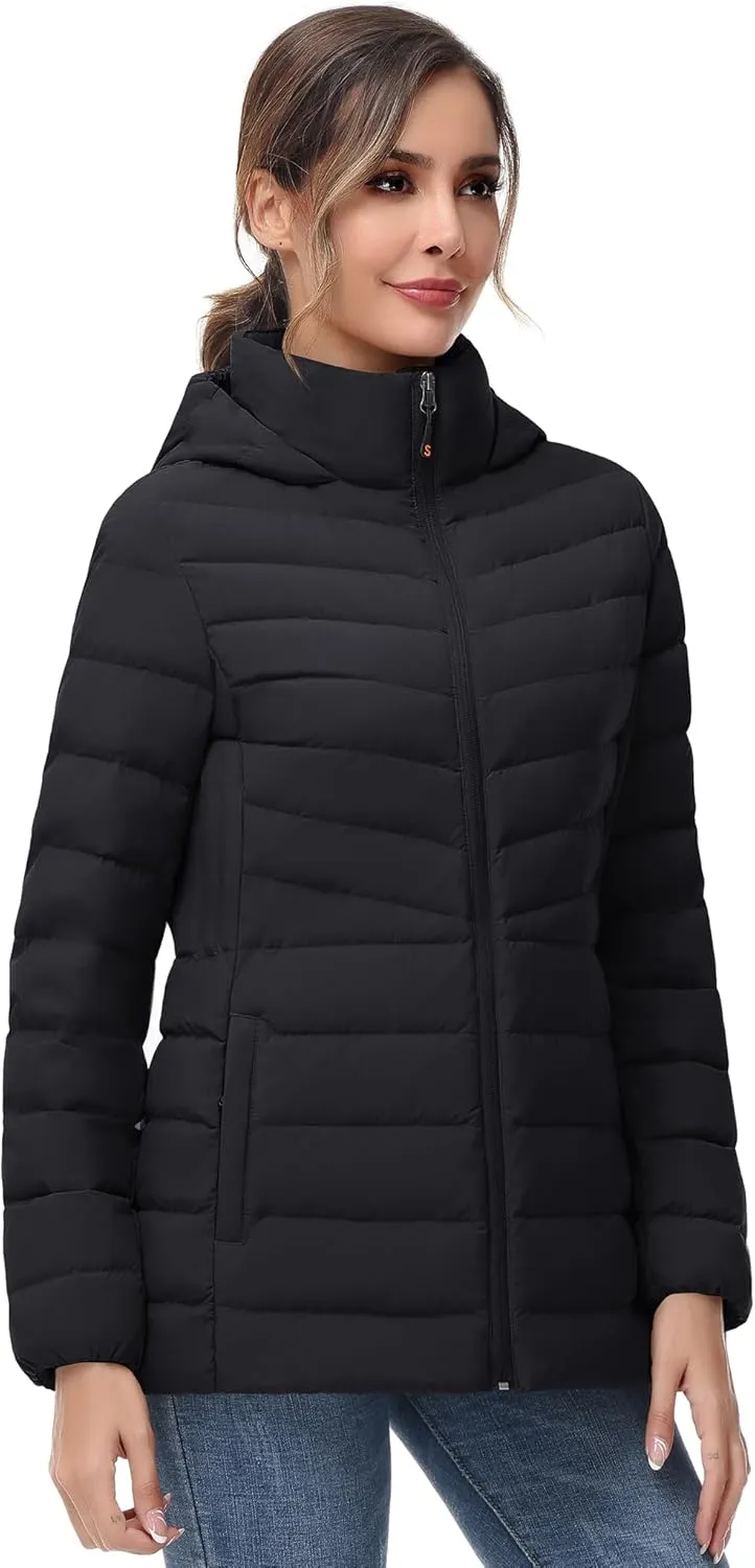 SLOW DOWN Women Winter Down Puffer Coat Warm Hooded Mid-Length Down Jacket for Women with Faux Fur Trim Hood and Pile Collar