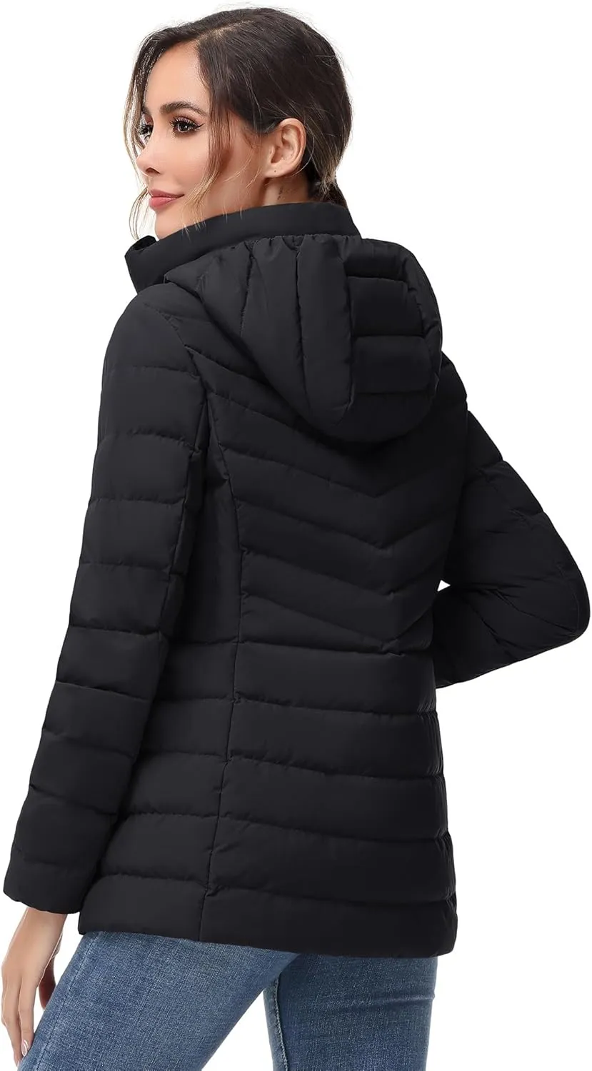 SLOW DOWN Women Winter Down Puffer Coat Warm Hooded Mid-Length Down Jacket for Women with Faux Fur Trim Hood and Pile Collar
