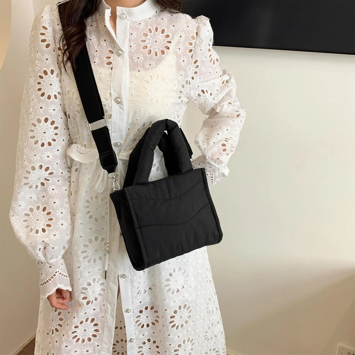 Small Puffer Tote Bag for Women Handbag, Quilted Nylon Shoulder Crossbody Puffy Padded Purse