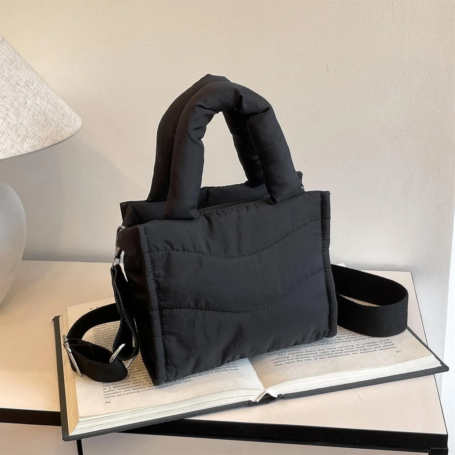 Small Puffer Tote Bag for Women Handbag, Quilted Nylon Shoulder Crossbody Puffy Padded Purse