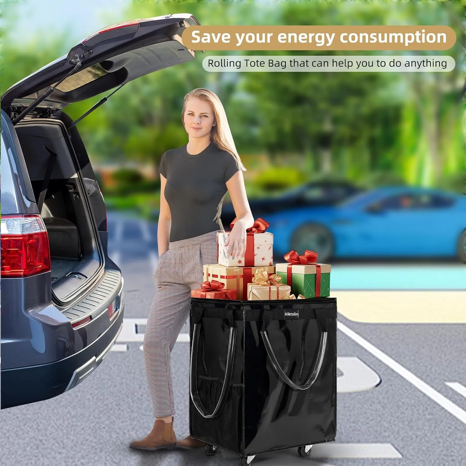 (Small,Black) Reusable Grocery Bag on Wheels, Foldable Rolling Tote 66 lbs Capacity Shopping Trolley, Rolling Bag with Handles, Zipper Clouser Rolling Tote Bag with Wheels for Trips, Laundry