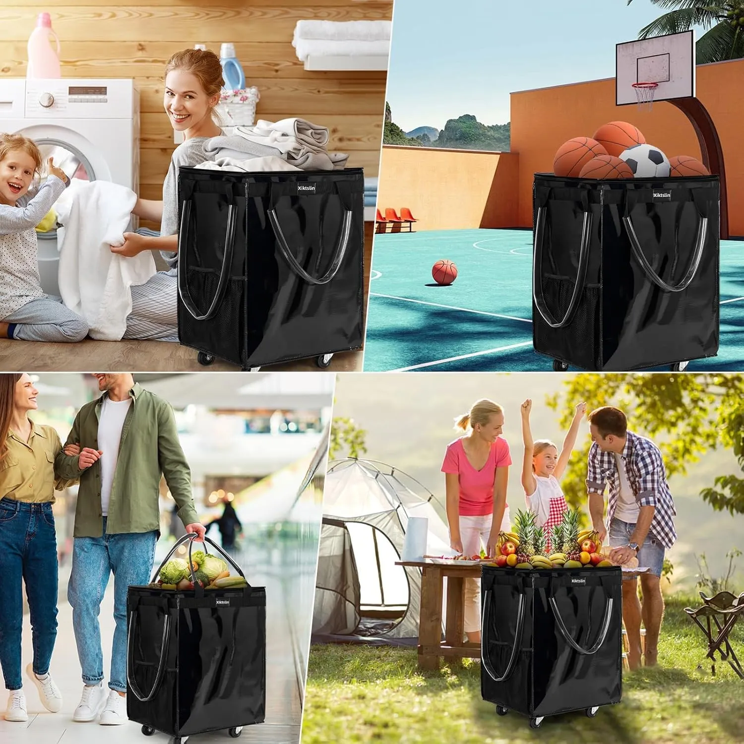 (Small,Black) Reusable Grocery Bag on Wheels, Foldable Rolling Tote 66 lbs Capacity Shopping Trolley, Rolling Bag with Handles, Zipper Clouser Rolling Tote Bag with Wheels for Trips, Laundry