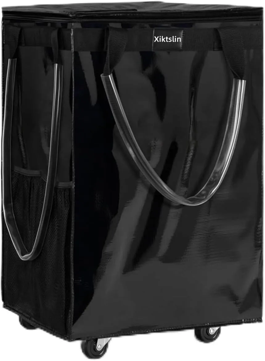 (Small,Black) Reusable Grocery Bag on Wheels, Foldable Rolling Tote 66 lbs Capacity Shopping Trolley, Rolling Bag with Handles, Zipper Clouser Rolling Tote Bag with Wheels for Trips, Laundry