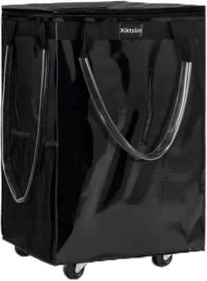 (Small,Black) Reusable Grocery Bag on Wheels, Foldable Rolling Tote 66 lbs Capacity Shopping Trolley, Rolling Bag with Handles, Zipper Clouser Rolling Tote Bag with Wheels for Trips, Laundry