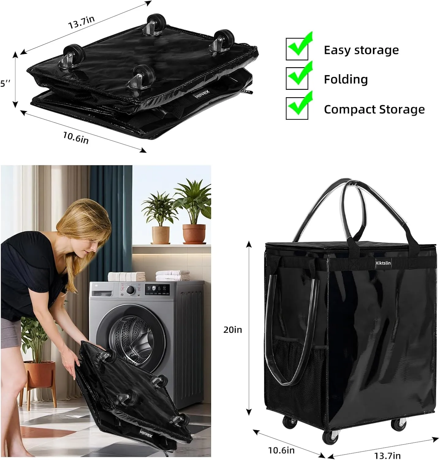 (Small,Black) Reusable Grocery Bag on Wheels, Foldable Rolling Tote 66 lbs Capacity Shopping Trolley, Rolling Bag with Handles, Zipper Clouser Rolling Tote Bag with Wheels for Trips, Laundry