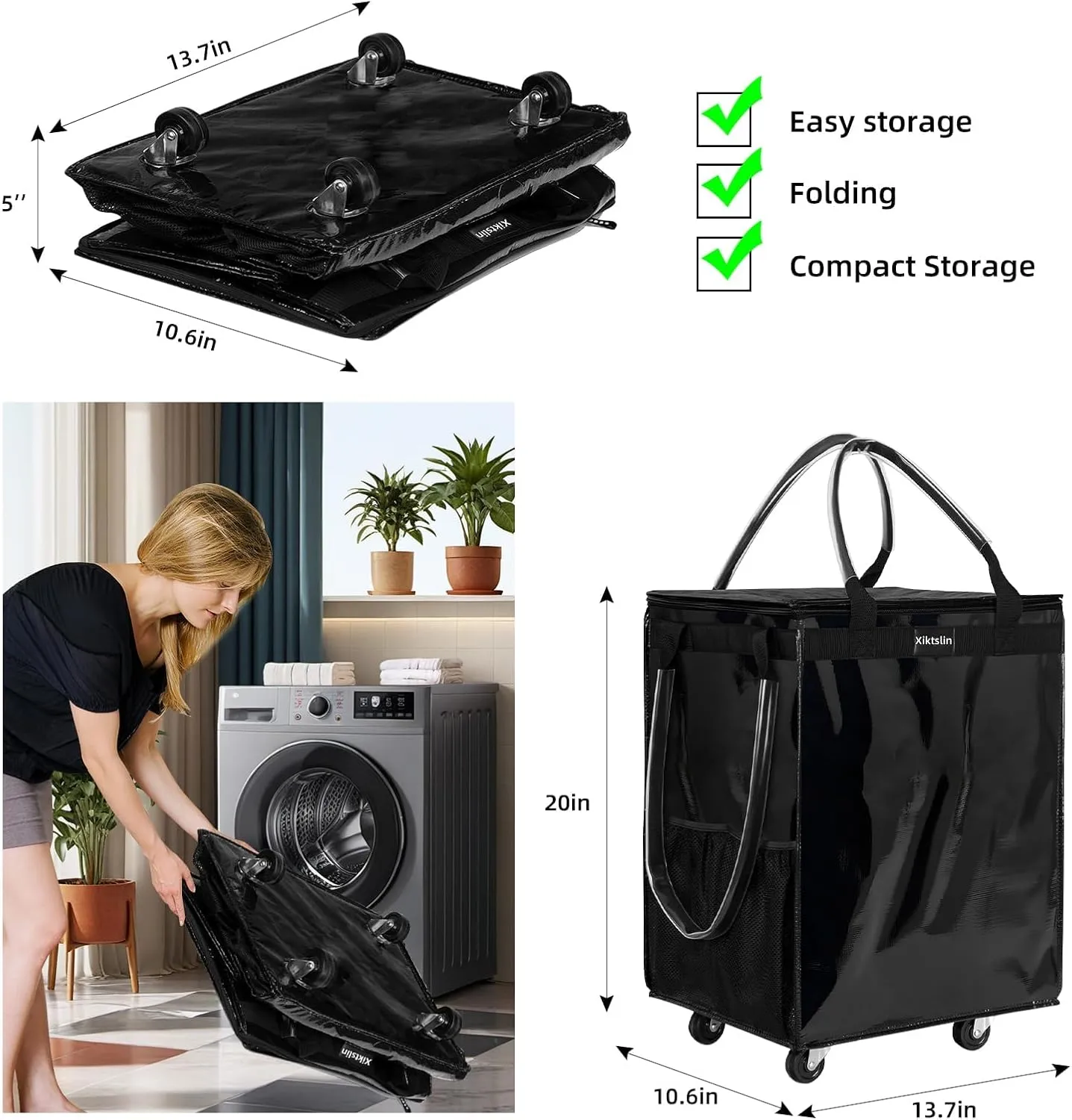 (Small,Black) Reusable Grocery Bag on Wheels, Foldable Rolling Tote 66 lbs Capacity Shopping Trolley, Rolling Bag with Handles, Zipper Clouser Rolling Tote Bag with Wheels for Trips, Laundry