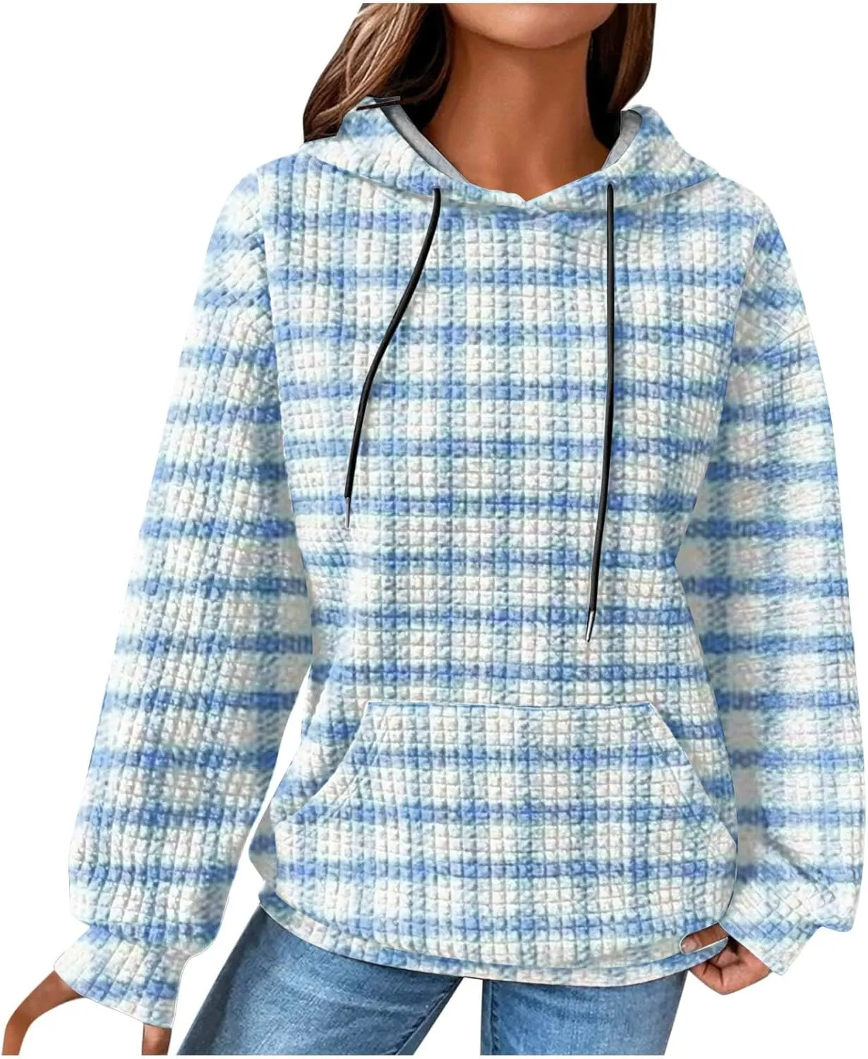SMIDOW Pliad Waffle Knit Hoodies For Women Fall Fashion 2023 Oversized Drawstring Pullovers Casual Gingham Hooded Sweatshirts