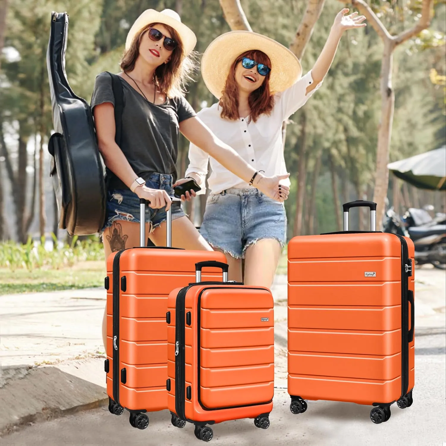 SmileLine 3-Piece Luggage Set Lightweight Hardside Suitcase TSA Lock Spinner Wheels, 20" Expandable Carry-On Luggage with Quick Access Front Open Pocket, Bonus Makeup Bag, 20/24/28 inch, Orange