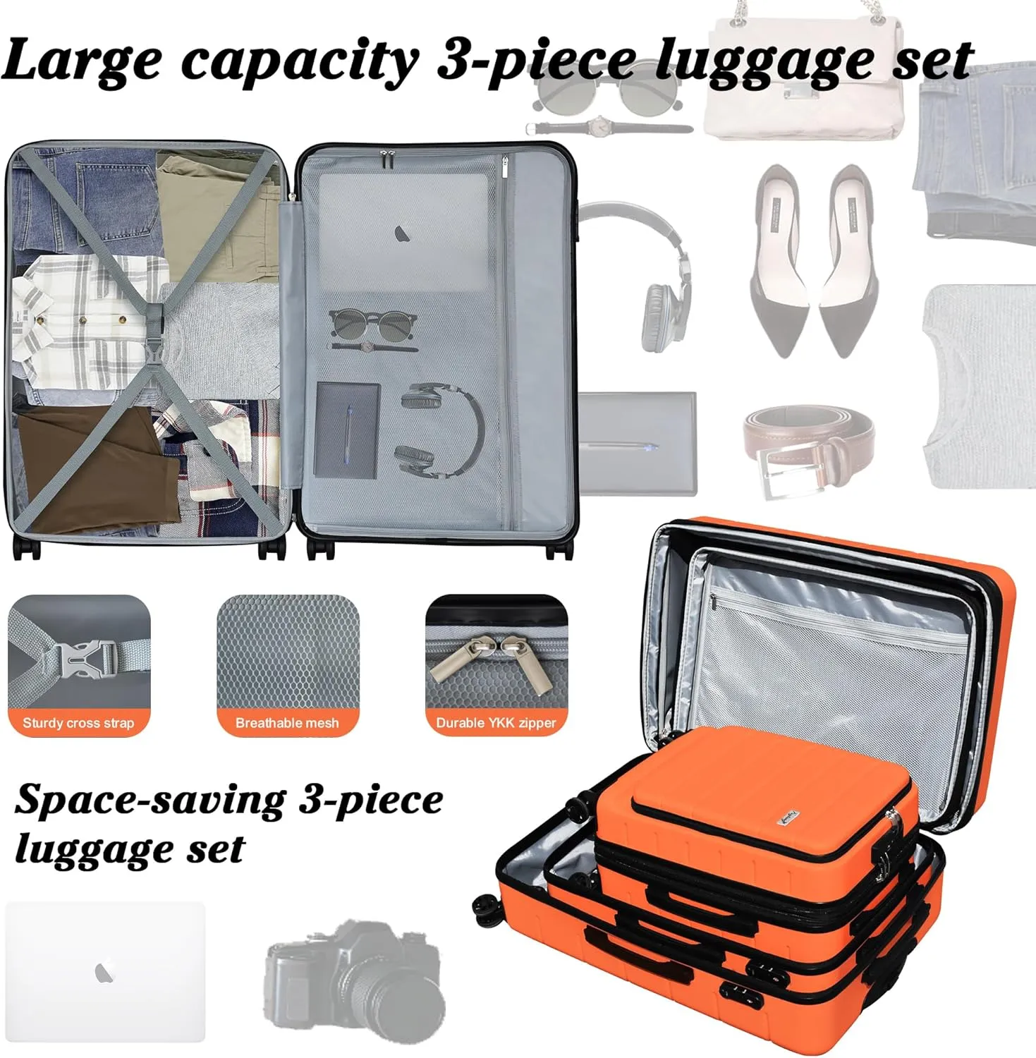 SmileLine 3-Piece Luggage Set Lightweight Hardside Suitcase TSA Lock Spinner Wheels, 20" Expandable Carry-On Luggage with Quick Access Front Open Pocket, Bonus Makeup Bag, 20/24/28 inch, Orange