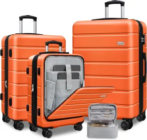 SmileLine 3-Piece Luggage Set Lightweight Hardside Suitcase TSA Lock Spinner Wheels, 20" Expandable Carry-On Luggage with Quick Access Front Open Pocket, Bonus Makeup Bag, 20/24/28 inch, Orange