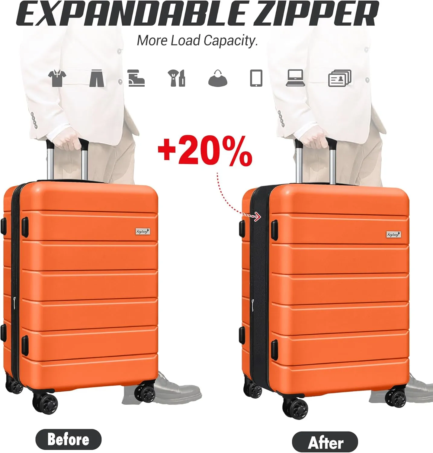 SmileLine 3-Piece Luggage Set Lightweight Hardside Suitcase TSA Lock Spinner Wheels, 20" Expandable Carry-On Luggage with Quick Access Front Open Pocket, Bonus Makeup Bag, 20/24/28 inch, Orange