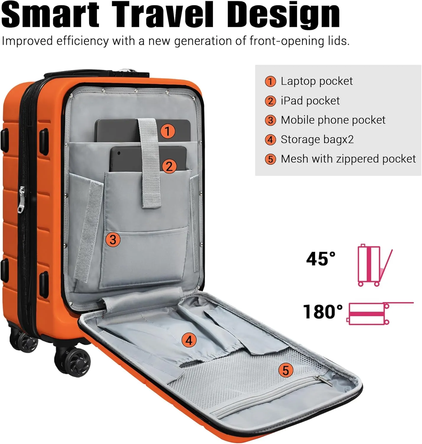 SmileLine 3-Piece Luggage Set Lightweight Hardside Suitcase TSA Lock Spinner Wheels, 20" Expandable Carry-On Luggage with Quick Access Front Open Pocket, Bonus Makeup Bag, 20/24/28 inch, Orange