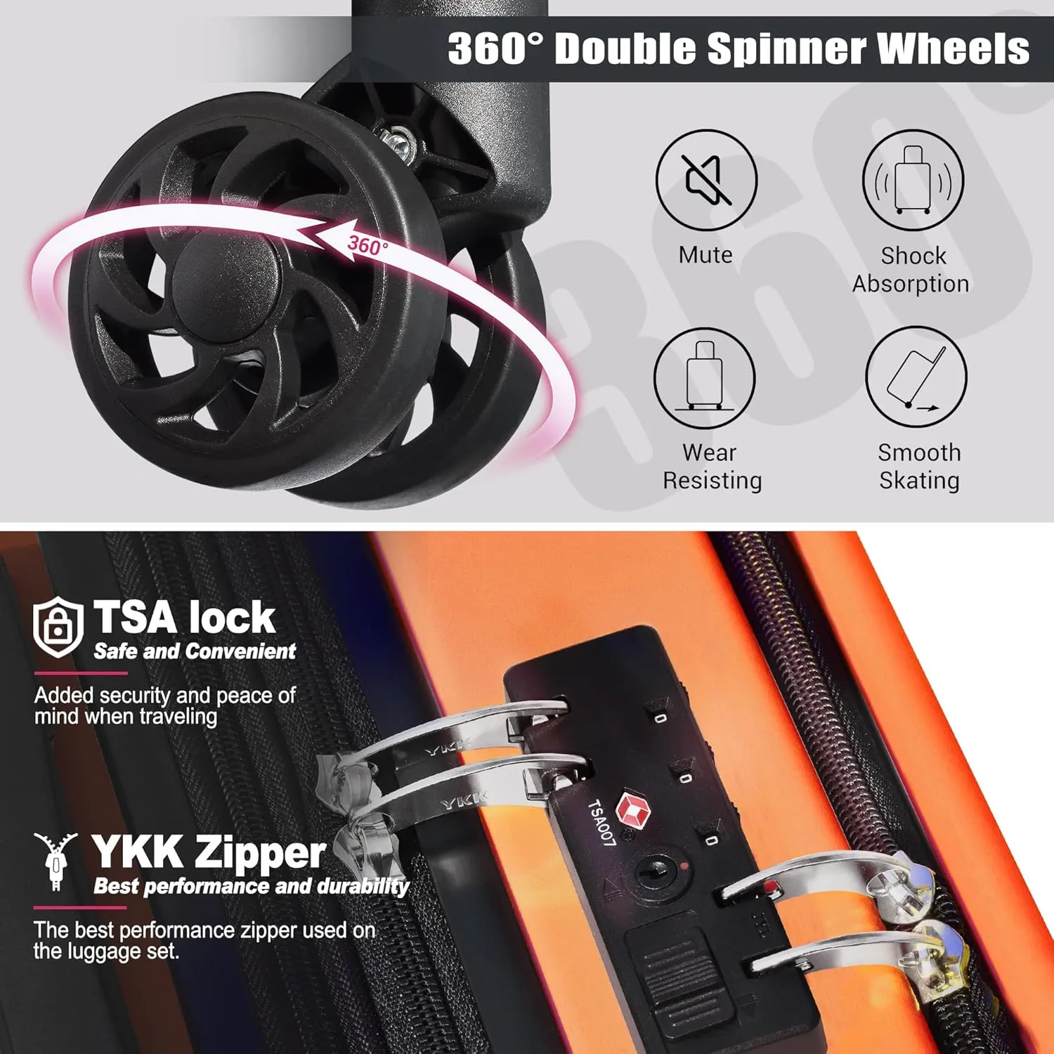 SmileLine 3-Piece Luggage Set Lightweight Hardside Suitcase TSA Lock Spinner Wheels, 20" Expandable Carry-On Luggage with Quick Access Front Open Pocket, Bonus Makeup Bag, 20/24/28 inch, Orange