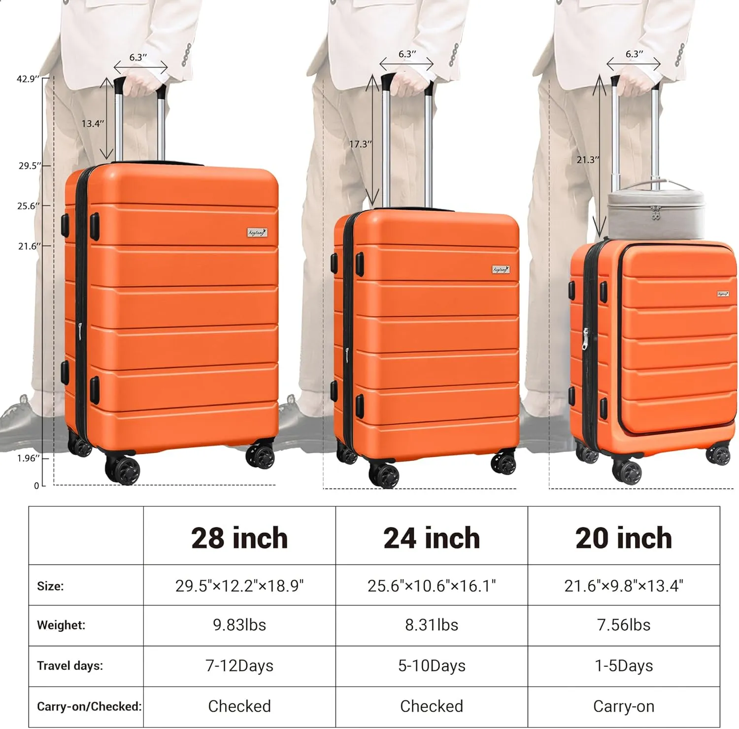 SmileLine 3-Piece Luggage Set Lightweight Hardside Suitcase TSA Lock Spinner Wheels, 20" Expandable Carry-On Luggage with Quick Access Front Open Pocket, Bonus Makeup Bag, 20/24/28 inch, Orange