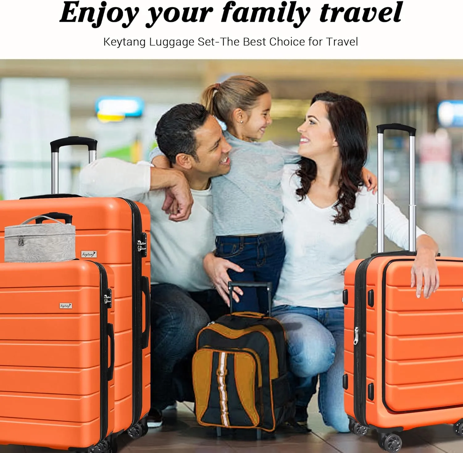SmileLine 3-Piece Luggage Set Lightweight Hardside Suitcase TSA Lock Spinner Wheels, 20" Expandable Carry-On Luggage with Quick Access Front Open Pocket, Bonus Makeup Bag, 20/24/28 inch, Orange