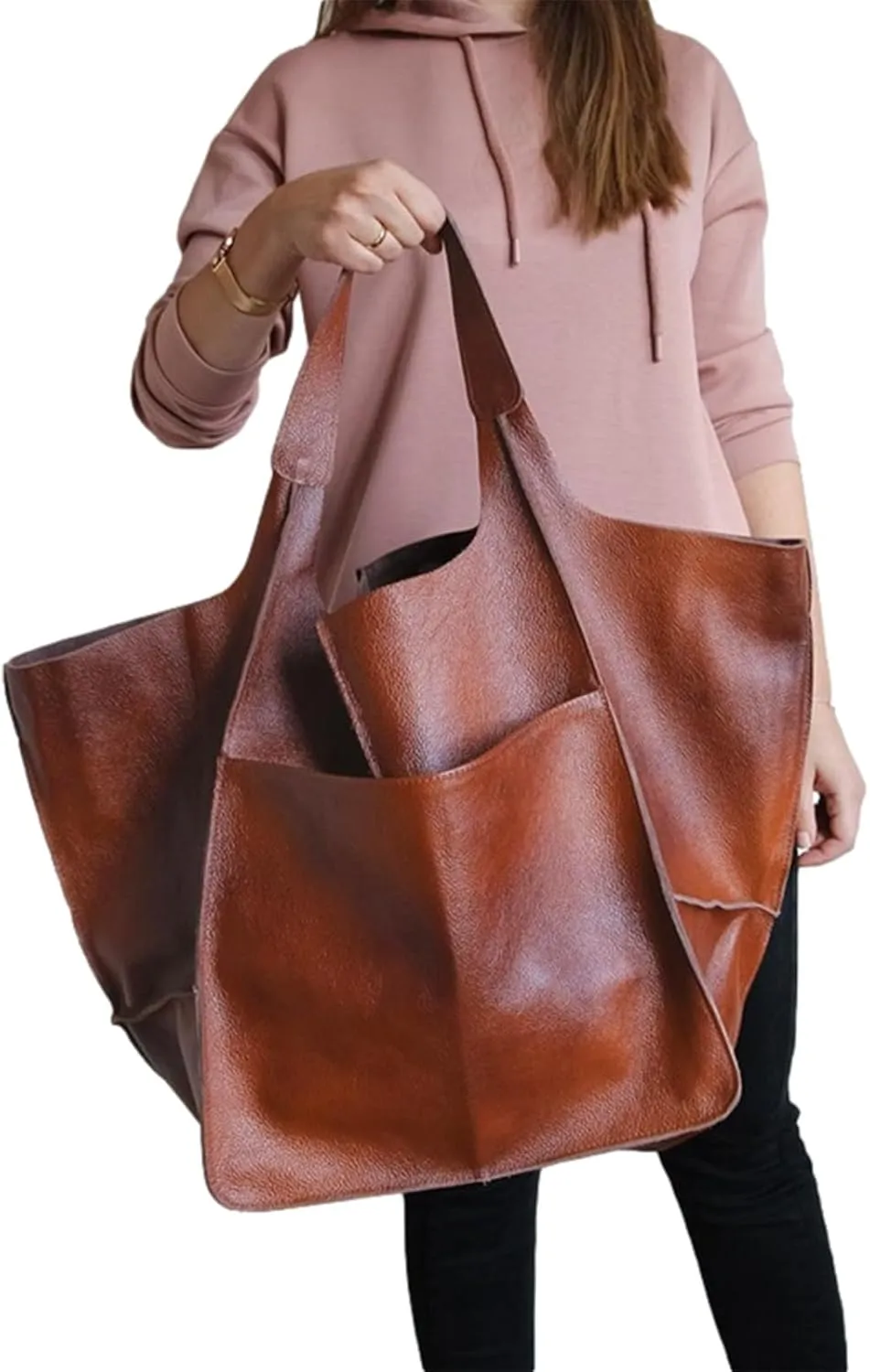 Soft Leather Tote Bag for Women Extra Large Boho Bucket Handbag Oversized Purse Shoulder Bag for Working Traveling