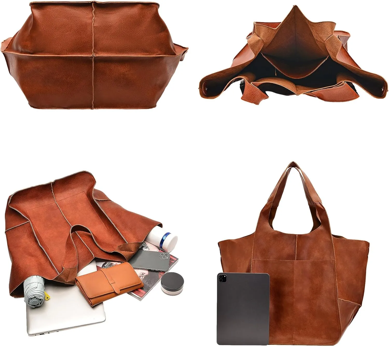 Soft Leather Tote Bag for Women Extra Large Boho Bucket Handbag Oversized Purse Shoulder Bag for Working Traveling