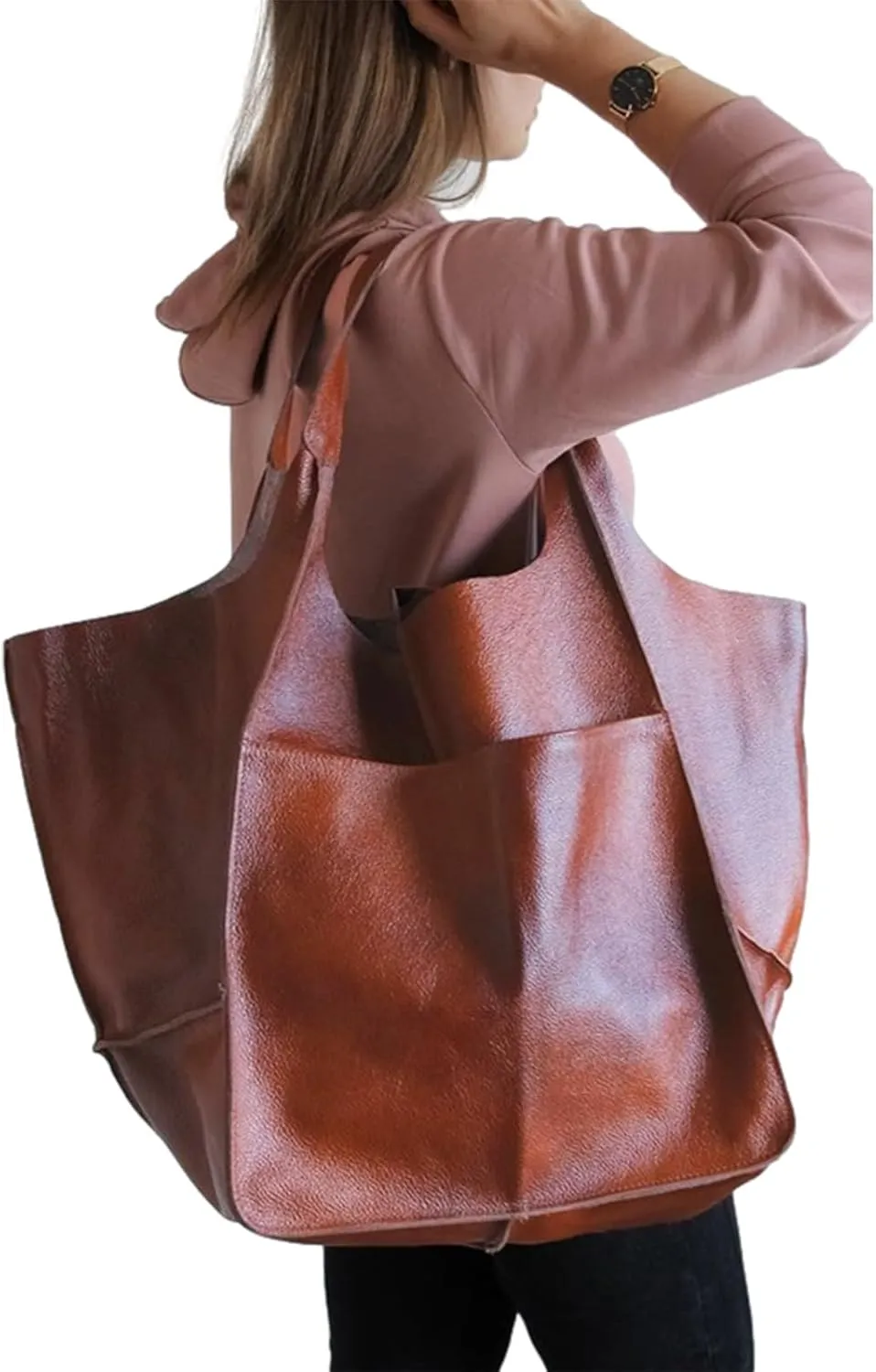 Soft Leather Tote Bag for Women Extra Large Boho Bucket Handbag Oversized Purse Shoulder Bag for Working Traveling