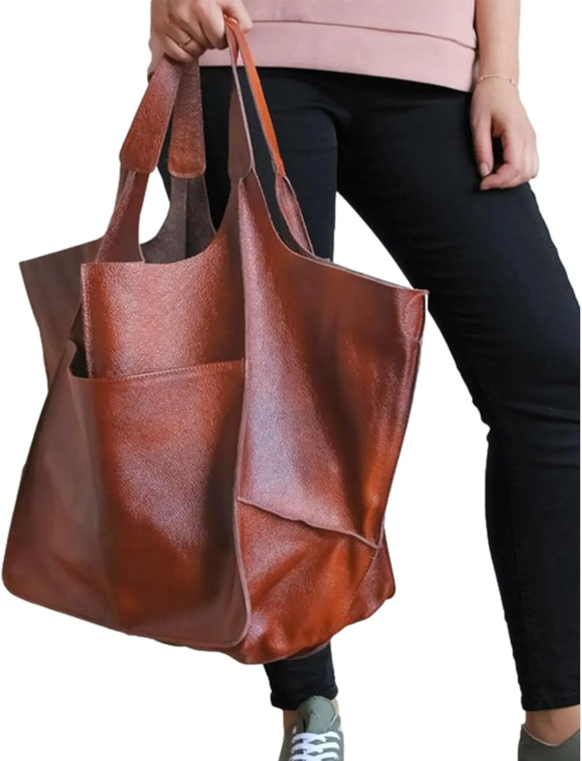 Soft Leather Tote Bag for Women Extra Large Boho Bucket Handbag Oversized Purse Shoulder Bag for Working Traveling