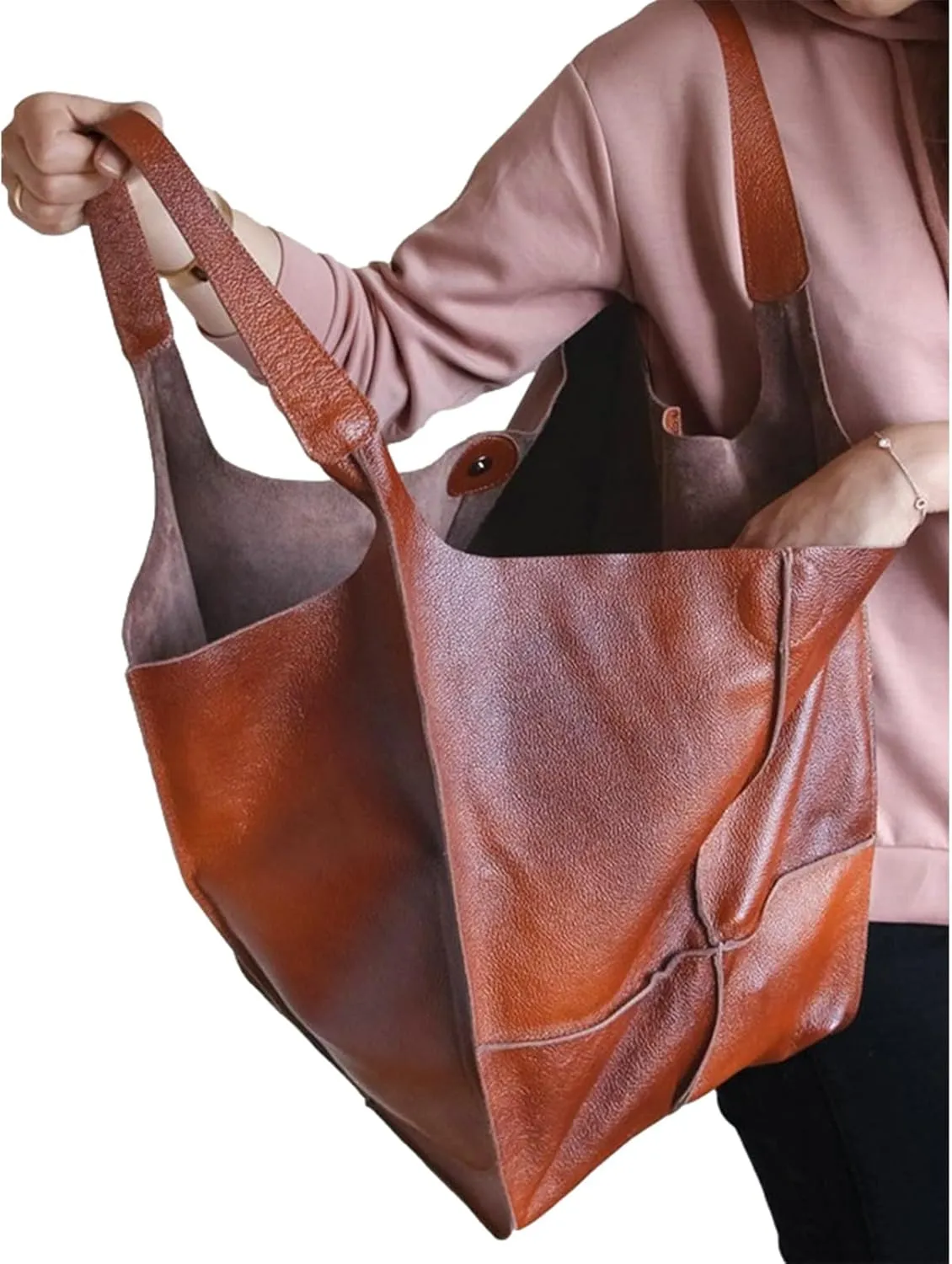 Soft Leather Tote Bag for Women Extra Large Boho Bucket Handbag Oversized Purse Shoulder Bag for Working Traveling