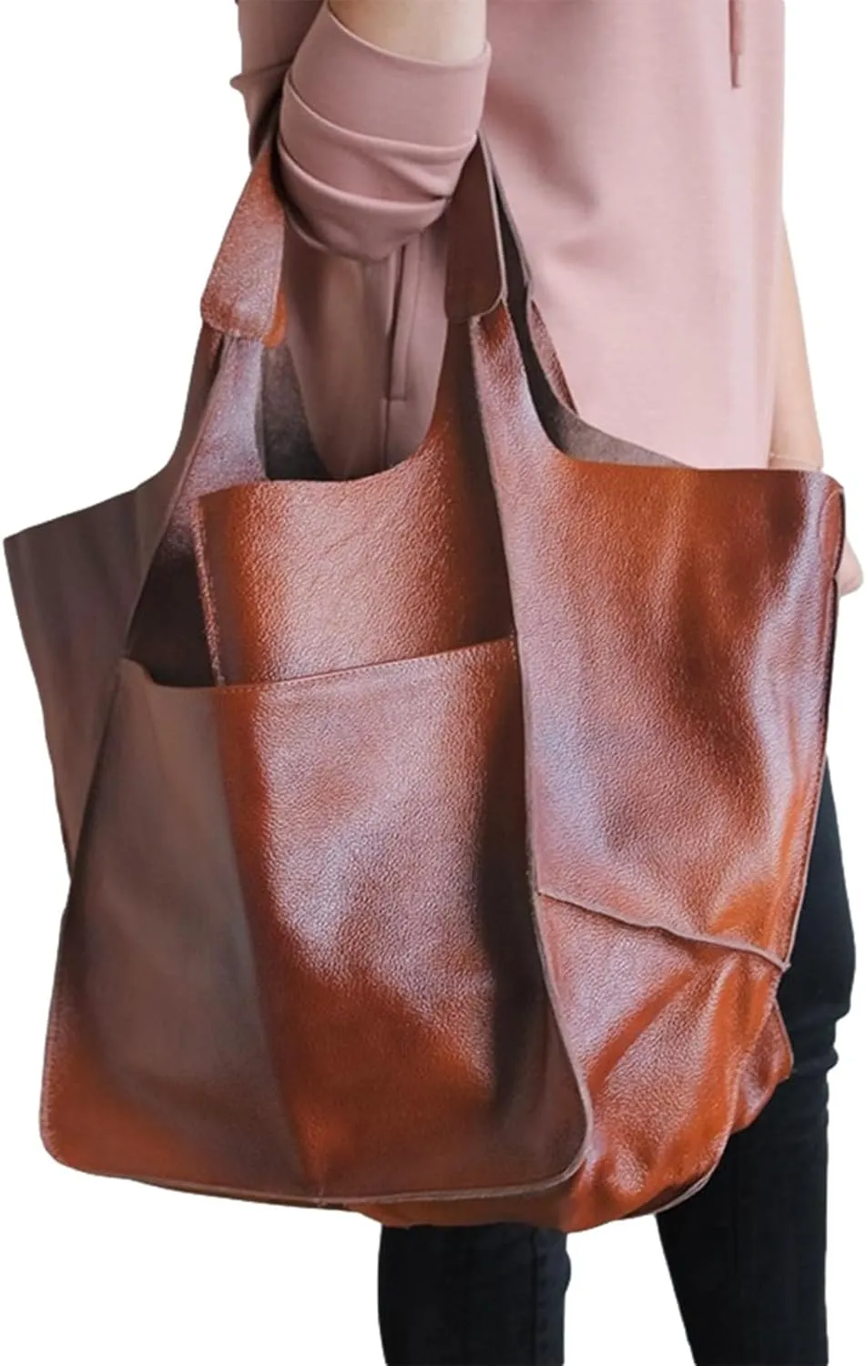 Soft Leather Tote Bag for Women Extra Large Boho Bucket Handbag Oversized Purse Shoulder Bag for Working Traveling