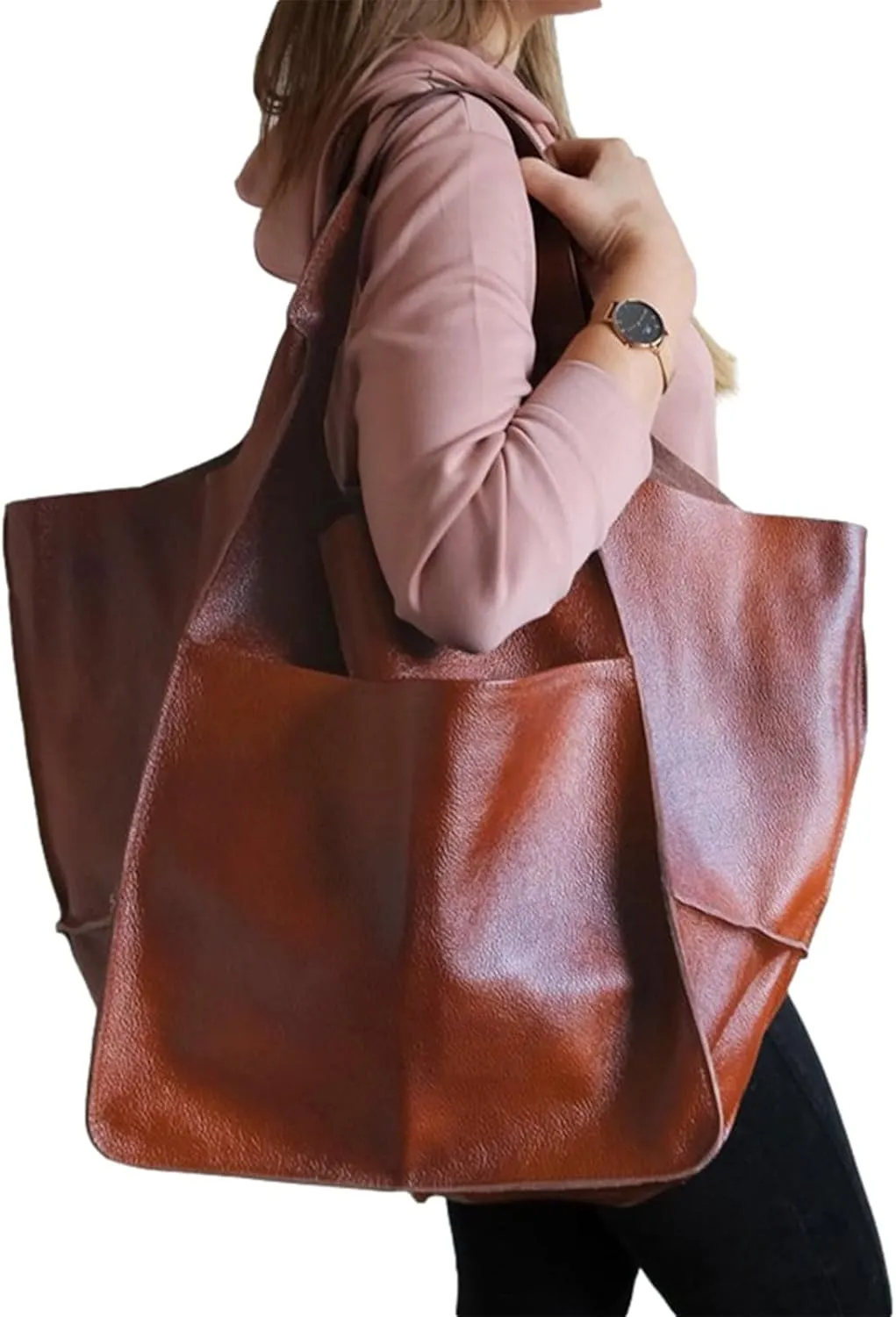 Soft Leather Tote Bag for Women Extra Large Boho Bucket Handbag Oversized Purse Shoulder Bag for Working Traveling