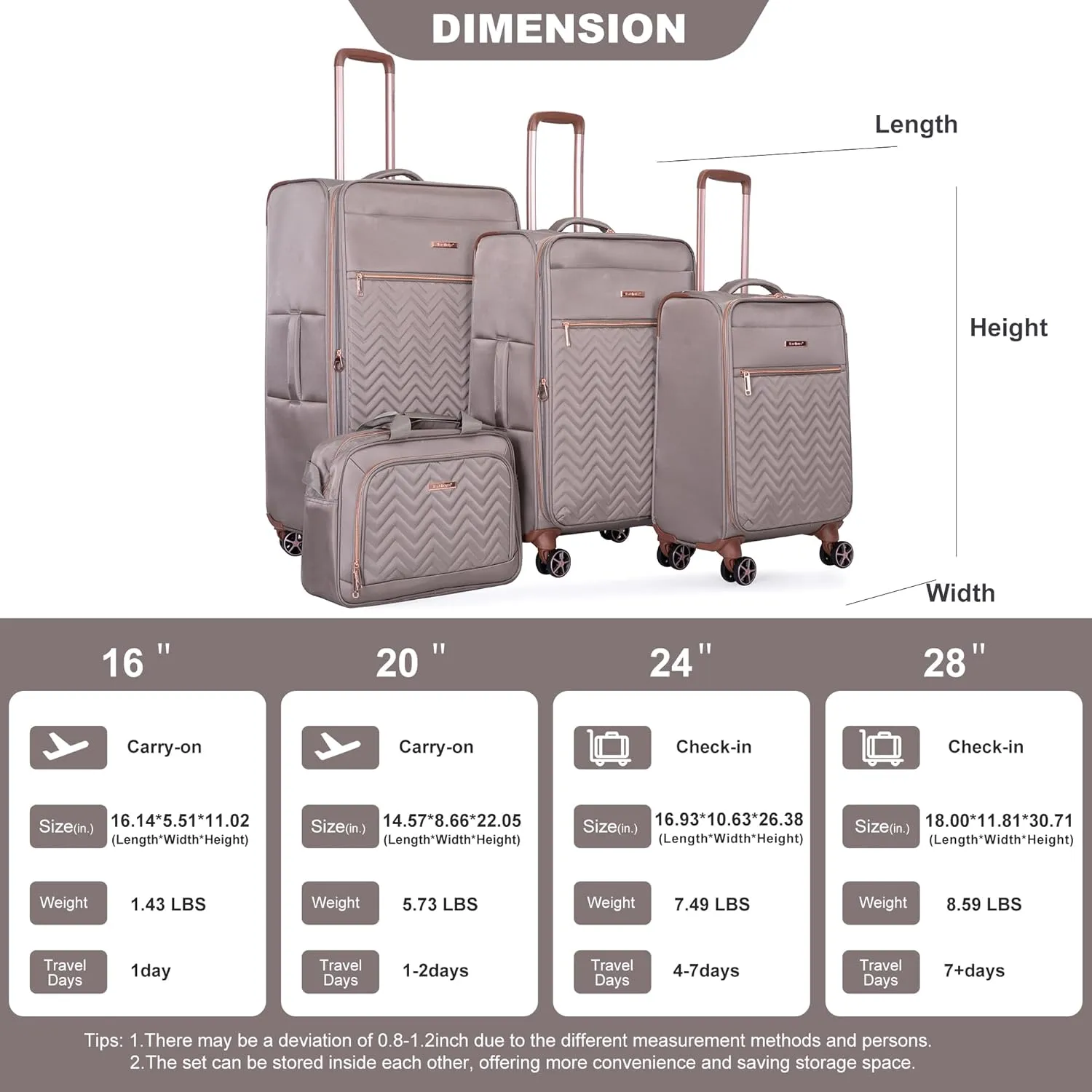 Softside Upright Luggage Set 4 piece, Terylene Expandable Lightweight Suitcase Sets with Double Spinner Wheels (16/20/24/28), Khaki