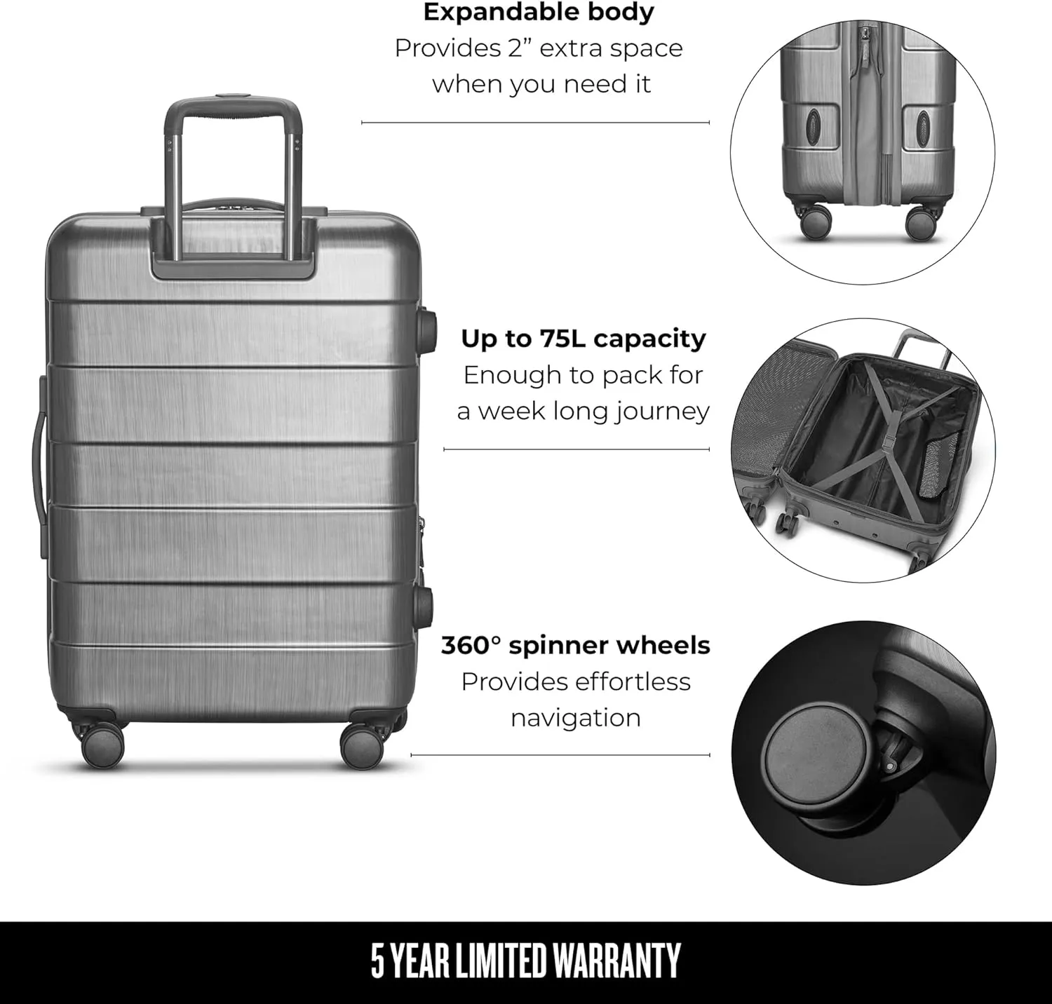 Solo New York 26" Check In Spinner - Checked Luggage for Travel, Suitcase with Wheels, Hardside Rolling Bag for Men & Women, Expandable Body, Lightweight, Interior Compression Straps - Re:Serve, Gray