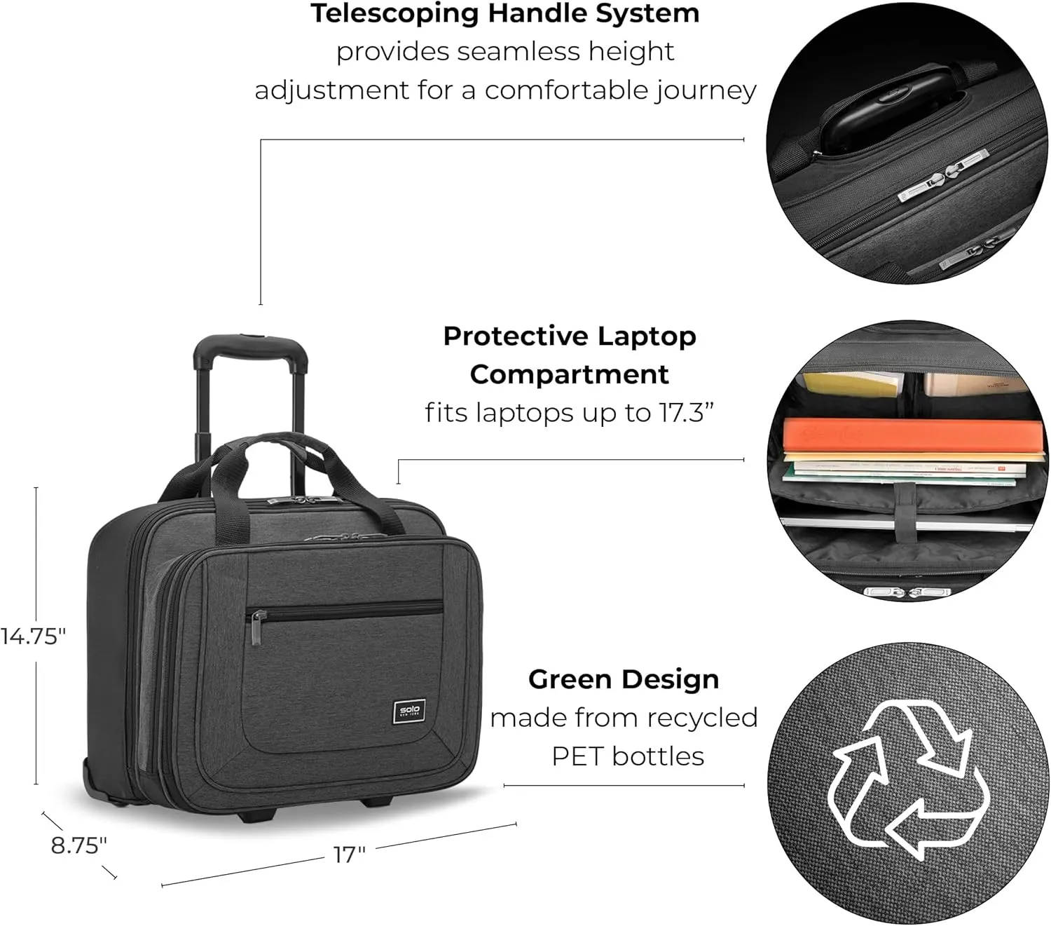 Solo New York Rolling Case with Wheels - Roller Laptop Bag, Wheeled Briefcase for Women & Men, Carry On Size for Travel, Fits 17.3" Computer - Bryant, Grey
