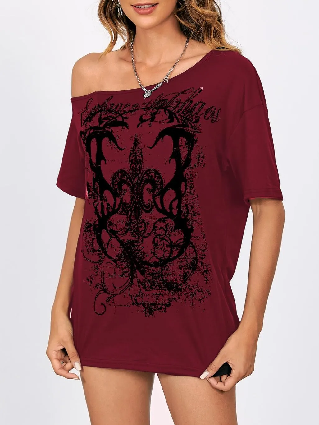 SOLY HUX Women's Off The Shoulder Tops Graphic Tees Y2k Vintage Gothic Oversized T Shirts Streetwear